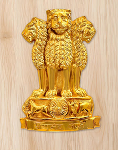 Close-up of gold Ashoka emblem lion statue relief with pedestal base