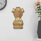 Brass Ashoka Stambh wall hanging with seated lion figure, front view