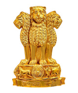 Golden metal lion standing wall hanging with Ashoka chakra and base detailing