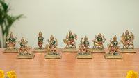 AONA brass Navdurga idol figurines, multicolor detailing on gold-tone bases