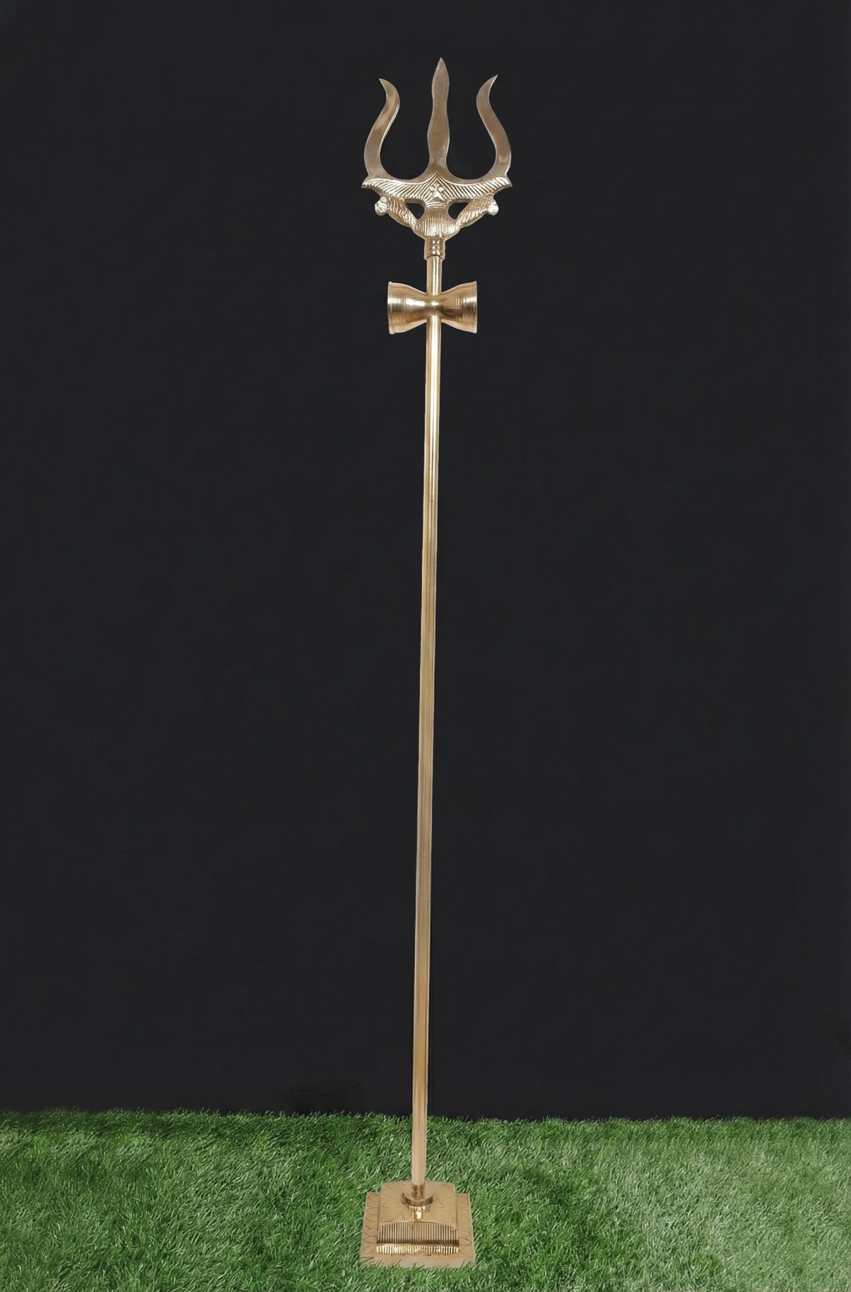 Brass Shiva trishul with stand, 72-inch tall pole and three-pronged trident top