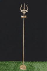 Brass trident on square base stand, long pole with ornate Shiva-style trishul head