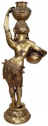 Brass lady carry statue turned side view, holding urn and bowl-like vessel, decorative robes