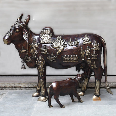 Brass Kamadhenu Cow with Calf Idol (Height :50 Inches)