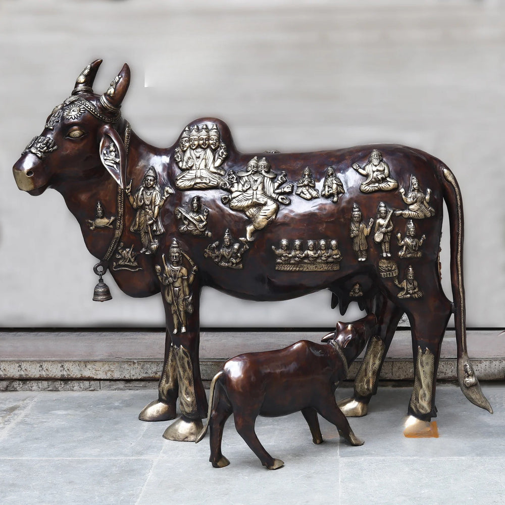 Brass Kamadhenu Cow with Calf Idol (Height :50 Inches)