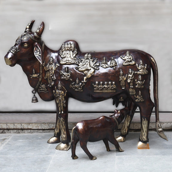 AONA Brass Kamadhenu Cow with Calf Idol 