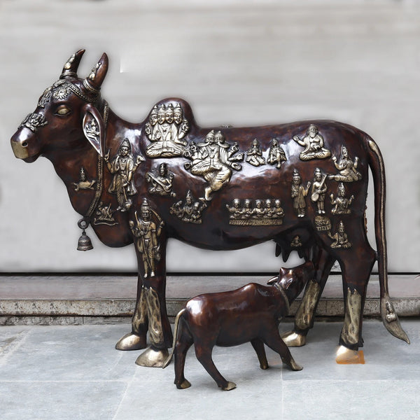 Brass Kamadhenu Cow with Calf Idol (Height :50 Inches)