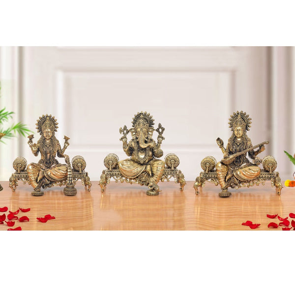 Superfine Brass Lakshmi Ganesha Saraswati Idol (Height:8 Inches)