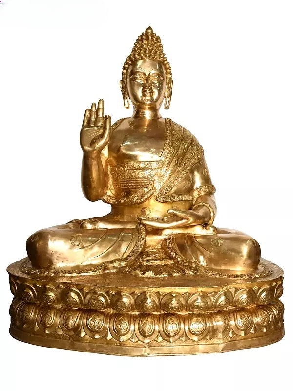 Brass Large Svarnima Buddha Sculpture (Height: 60 Inches) Entryway Setting