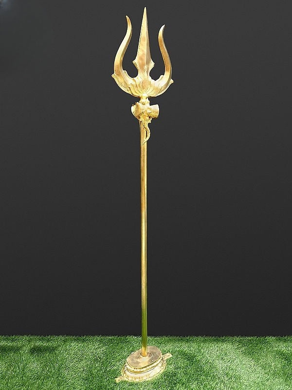 Brass Large Size Shiva''s Trishul (Trident) with Stand (Height: 72 Inches)