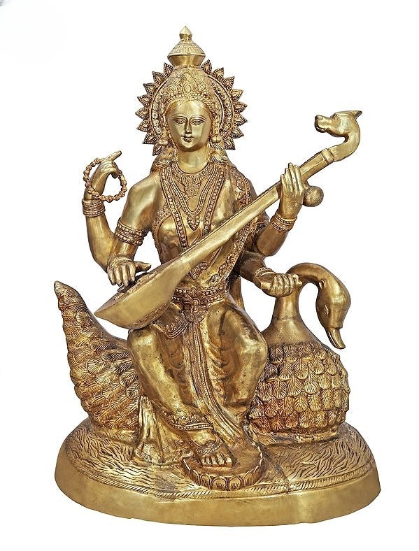 Brass Colossal Size Goddess Saraswati Seated on Swan Idol (Height: 47 Inches) Entryway Setting