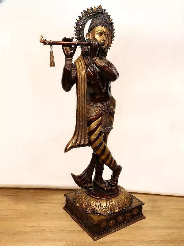 Brass Imposing Lord Murli Krishna, adorned with a long, flowing scarf Idol (Height: 79 Inches)