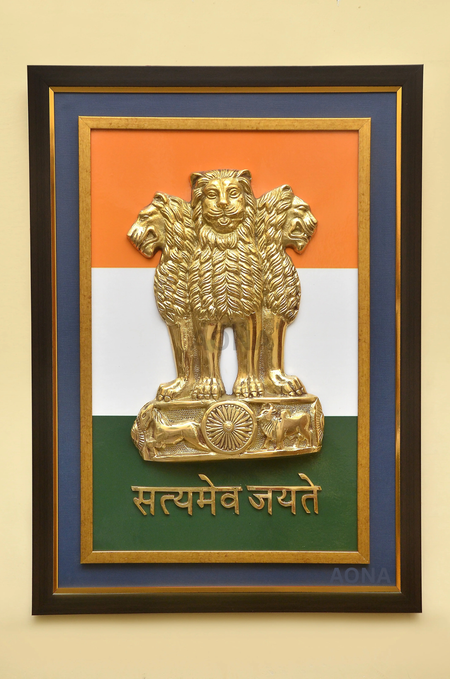 Brass Ashoka Stumbh Wall Hanging | Ashoka Frame with Tricolour Background | Emblem Wall Decor | Premium Brass Tiranga Art for Office Cabins and Living Room
