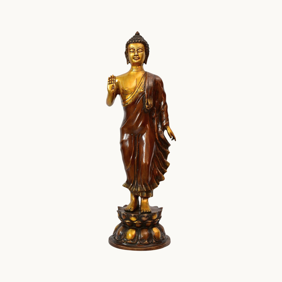Brass Standing Buddha Idol – Blessing Pose | Elegant Buddhist Statue for Home, Office & Spiritual Décor (Height: 22 Inches) Craft Detail