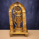 Brass Ram Lala idol, standing back view with curved halo and engraved torso