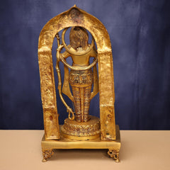 Brass Ram Lala idol, standing back view with curved halo and engraved torso