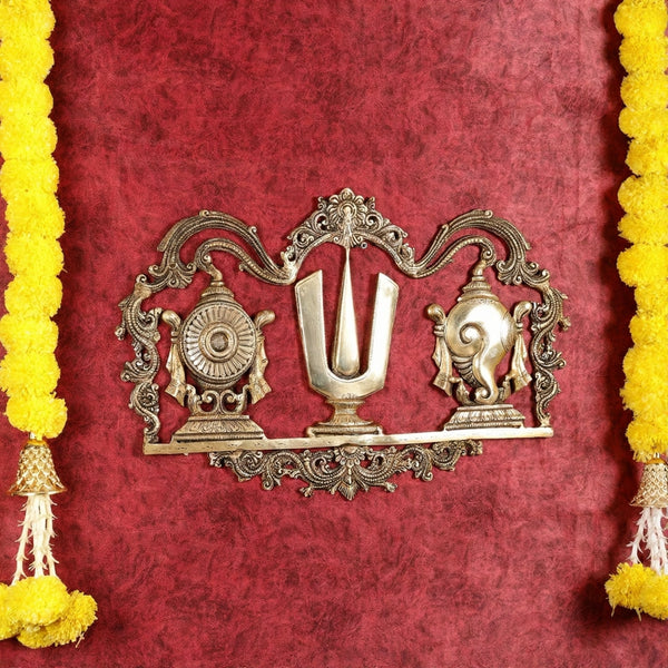 Brass Shankh Chakra Namah Wall Hanging (Height: 13.5 Inches) Study Setting