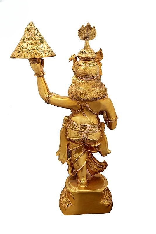 Brass Large Shri Krishna Lifting Govardhana Mountain Sculpture (Height: 47 Inches)