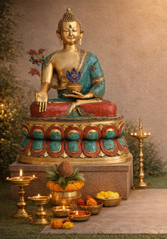 Large brass seated Buddha statue with teal robe and red mosaic cushion, holding blue lotus
