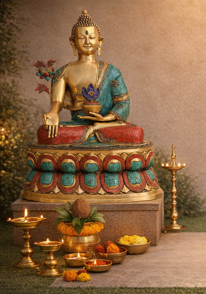 Brass Large Size Tibetan Buddhist God Medicine Idol (Height: 38 Inches) Craft Detail