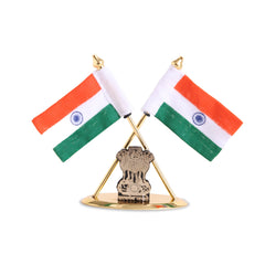 Brass Indian flag desk ornament with crossed tricolour flags and Ashoka emblem