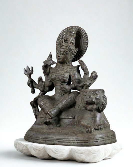 Bronze Goddess Durga Seated on Lion Idol (Height :7 Inches)