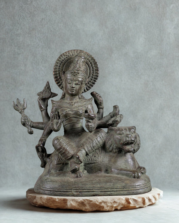 Bronze Goddess Durga Seated on Lion Idol (Height :7 Inches)