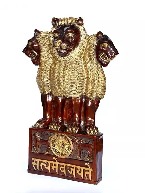 Large Brass National Emblem of India | Suitable for Standing Display and Wall Mounting red and gold 34 inches