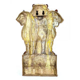 Back view of large brass National Emblem of India figurine on a rectangular base