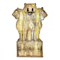 Back view of large brass National Emblem of India figurine on a rectangular base