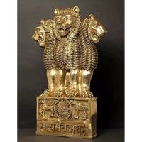 Brass Ashoka stambh emblem display with lion and horse figures around the chakra