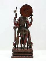 Brass Saraswati standing idol from behind, veena staff and fan-like headdress