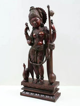 Brass Saraswati standing figurine with raised hands and veena, ornate pedestal