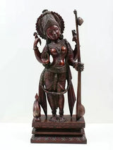 Brass standing Saraswati idol holding a veena staff, detailed relief base