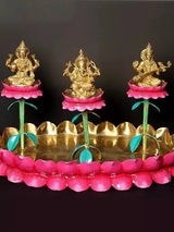 Brass trio of Lakshmi, Ganesha, Saraswati on pink lotus, teal stems and golden base