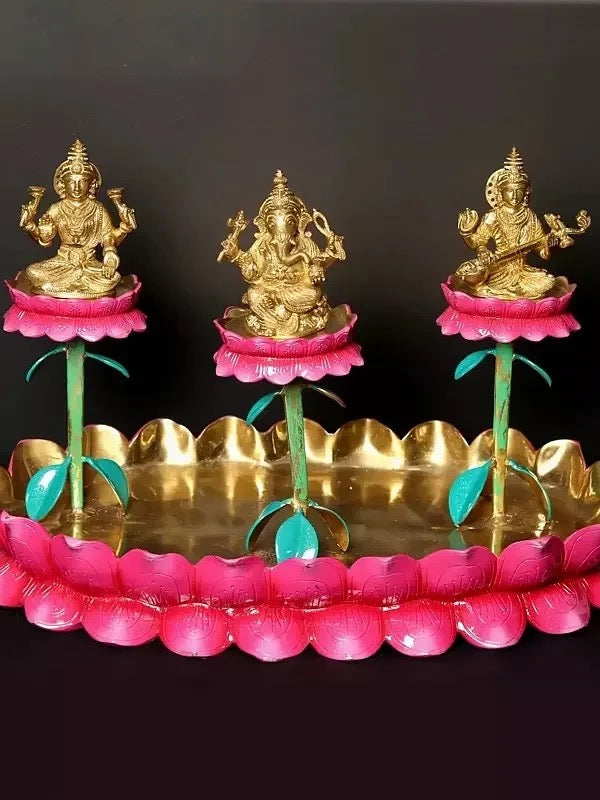 Brass Sculpture of Lakshmi, Ganesha, and Saraswati Seated on Lotus (Height: 20 Inch)