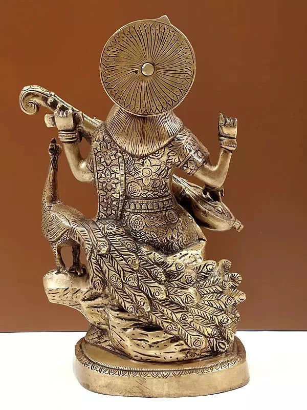 Goddess Saraswati in Her Majestic Stance in Brass - 15 Inches Study Setting