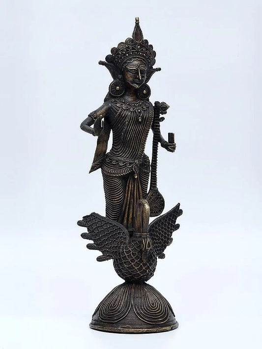 Goddess Saraswati Standing on Swan | Tribal Brass Statue - 14 Inch