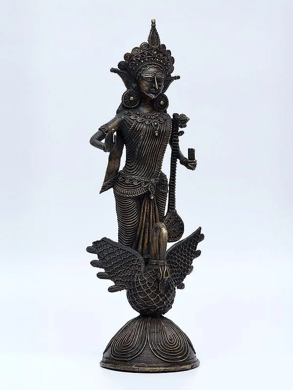 Goddess Saraswati Standing on Swan | Tribal Brass Statue - 14 Inch Craft Detail