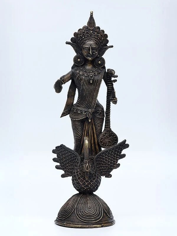 Goddess Saraswati Standing on Swan | Tribal Brass Statue - 14 Inch