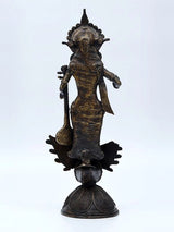 Rear view dark brass Saraswati statue on swan base, textured jewelry and crown