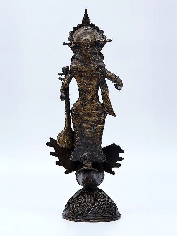 Goddess Saraswati Standing on Swan | Tribal Brass Statue - 14 Inch Study Setting