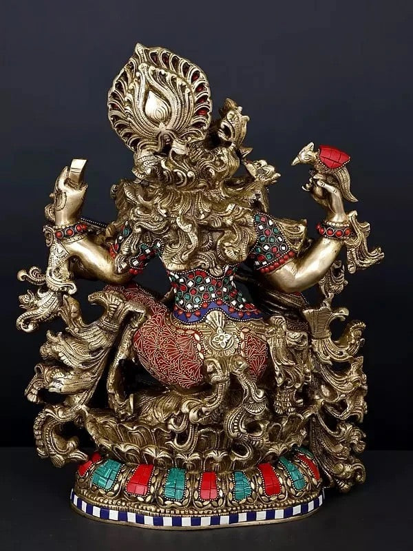 Four-Armed Goddess Saraswati Playing Veena | Brass Statue - 16 Inches Study Setting