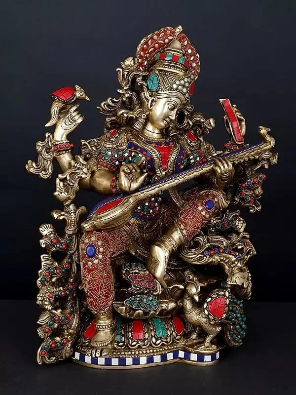 Four-Armed Goddess Saraswati Playing Veena | Brass Statue - 16 Inches Entryway Setting