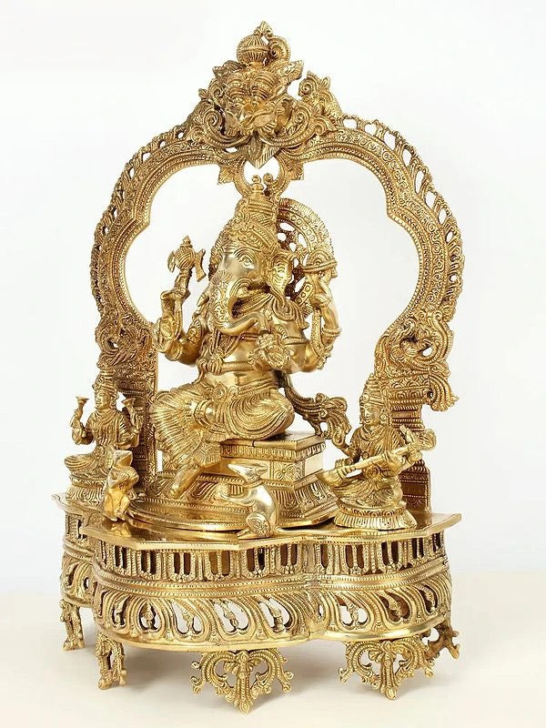 Brass Lord Ganapati Seated on Kirtimukha Throne with Lakshmi and Saraswati (Height:22 Inches)