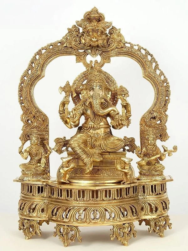 Superfine Brass Lord Ganapati Seated on Kirtimukha Throne with Goddess Lakshmi and Goddess Saraswati - 22 Inches