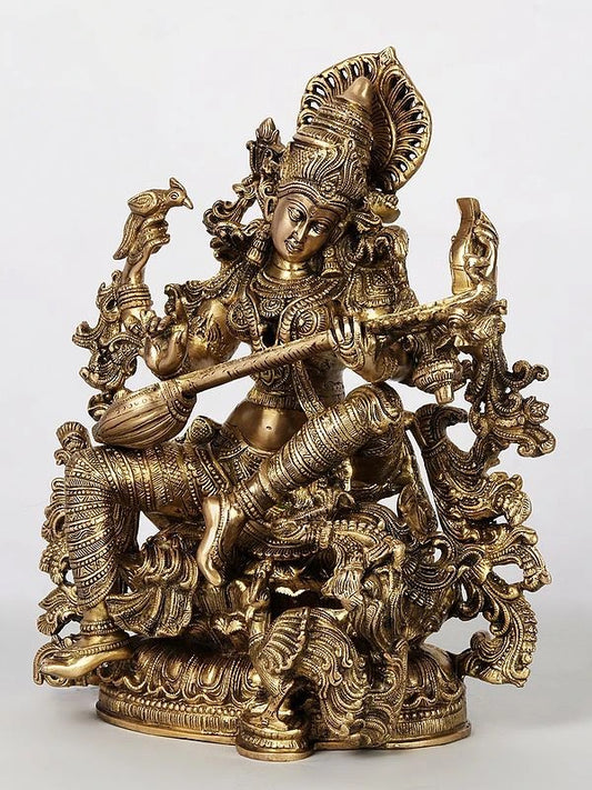 Four-Armed Saraswati Playing Veena in Brass | Handmade | Height 43 cm