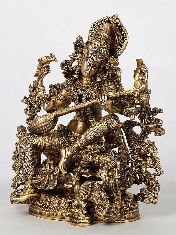 Four-Armed Saraswati Playing Veena in Brass | Handmade | Height 43 cm Entryway Setting