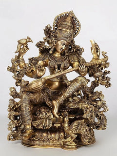 AONA bronze-style Saraswati statue with four arms playing a veena, 43 cm