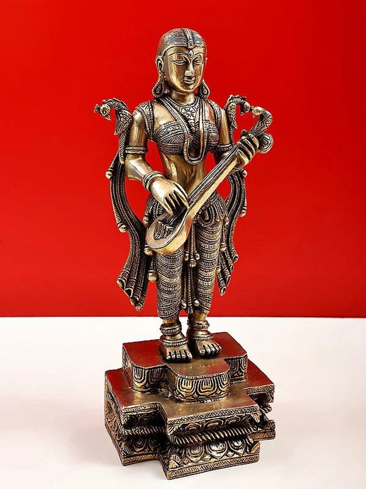 Brass Handmade Standing Devi Saraswati, 14 inches.